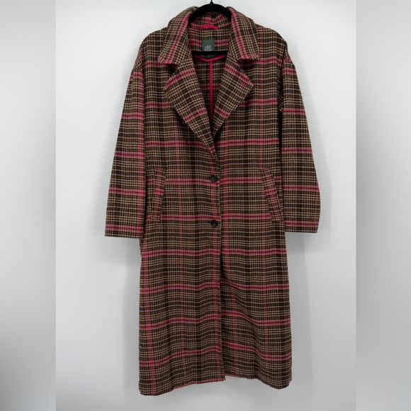 Wild Fable Plaid Long Coat Pink Brown Wool Blend Size Small - Picture 2 of 6